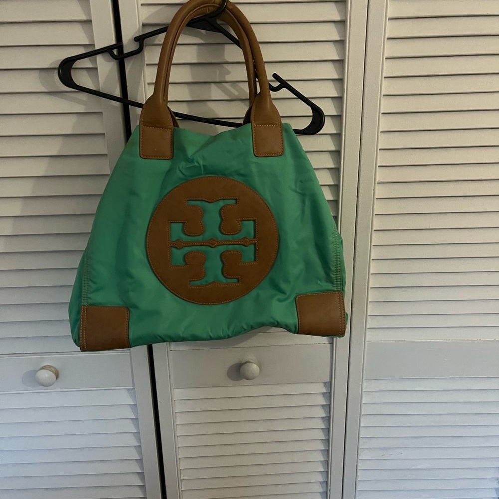 Tory Burch  nylon Tote teal and brown with leather accents